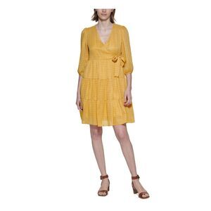 CALVIN KLEIN Womens Yellow Tie Lined 3/4 Sleeve Faux Wrap Dress 10